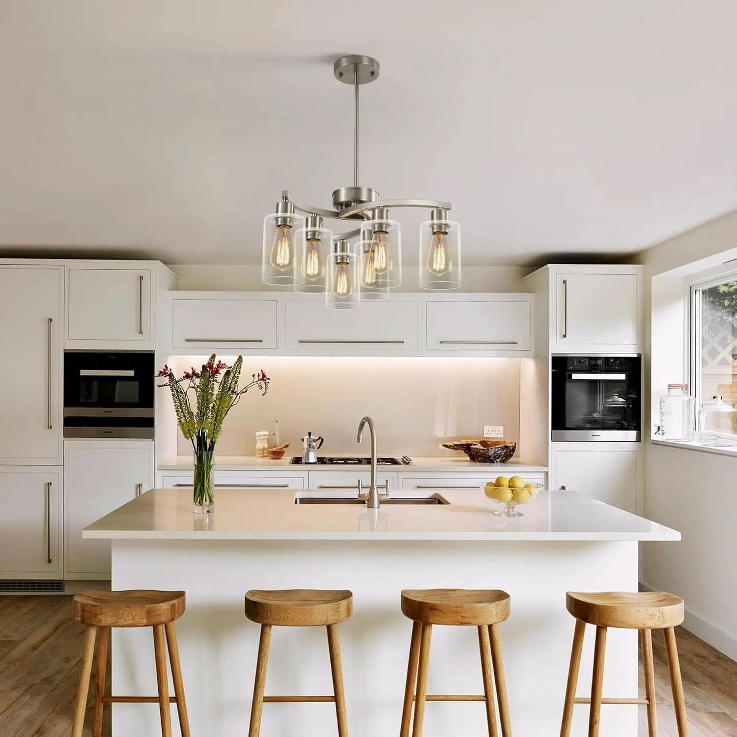 Six Light Brushed Nickel Industrial Glass Chandelier from PriceLows™