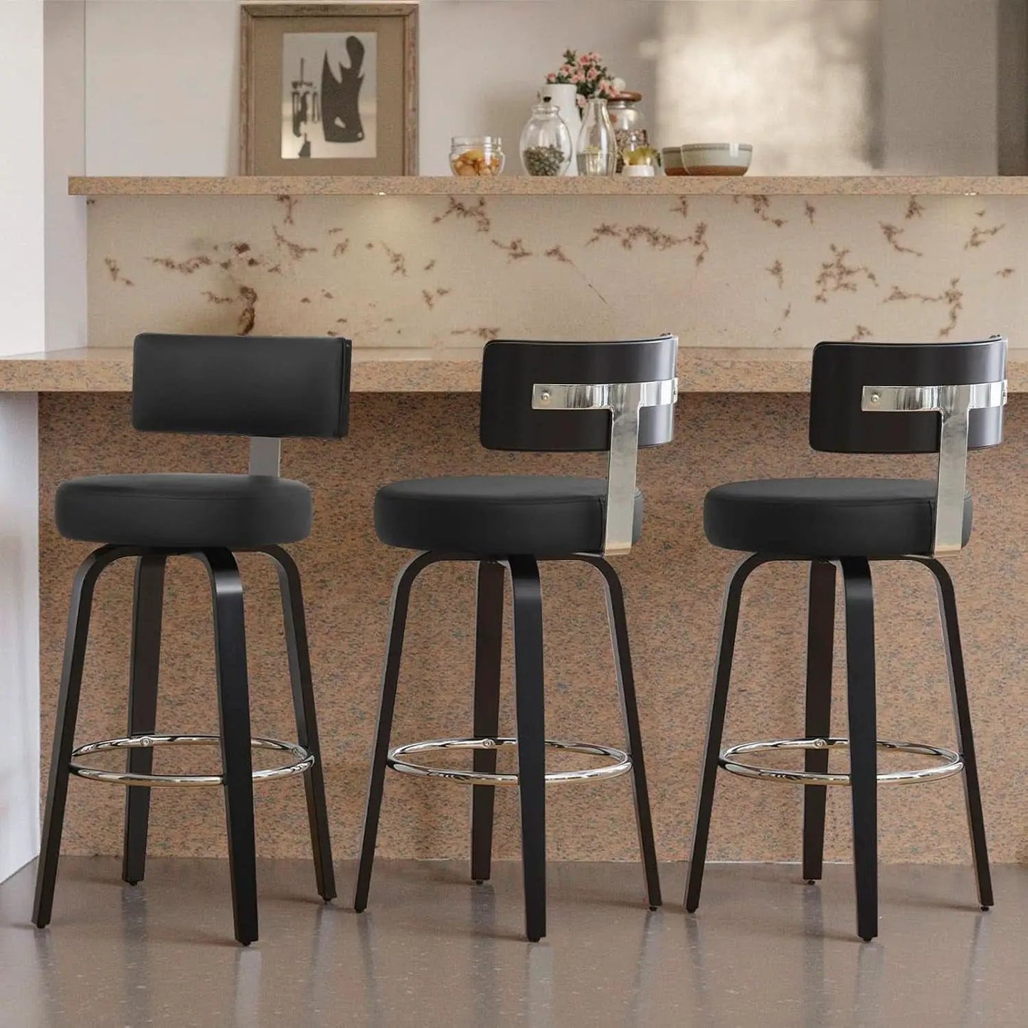 29 Inch Counter Height Black Faux Leather Swivel Bar Stools With Back Set Of 3 from PriceLows™