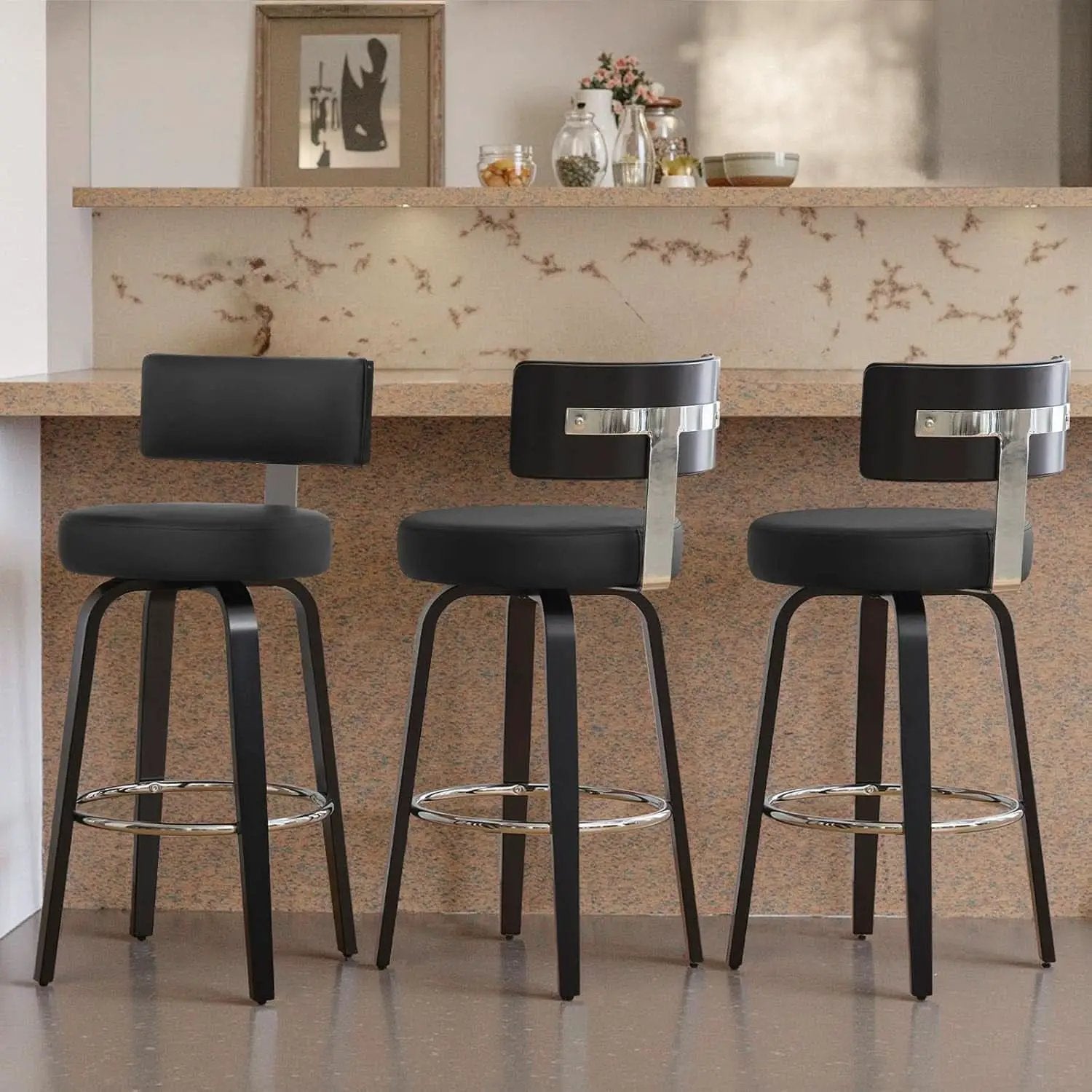 29 Inch Counter Height Black Faux Leather Swivel Bar Stools With Back Set Of 3 from PriceLows™