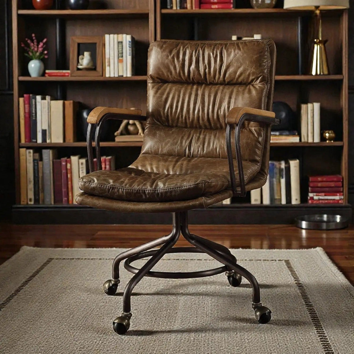 Harith Vintage Top Grain Leather Office Chair | 26 x 22 x 36 in | Leather & Metal | Brown