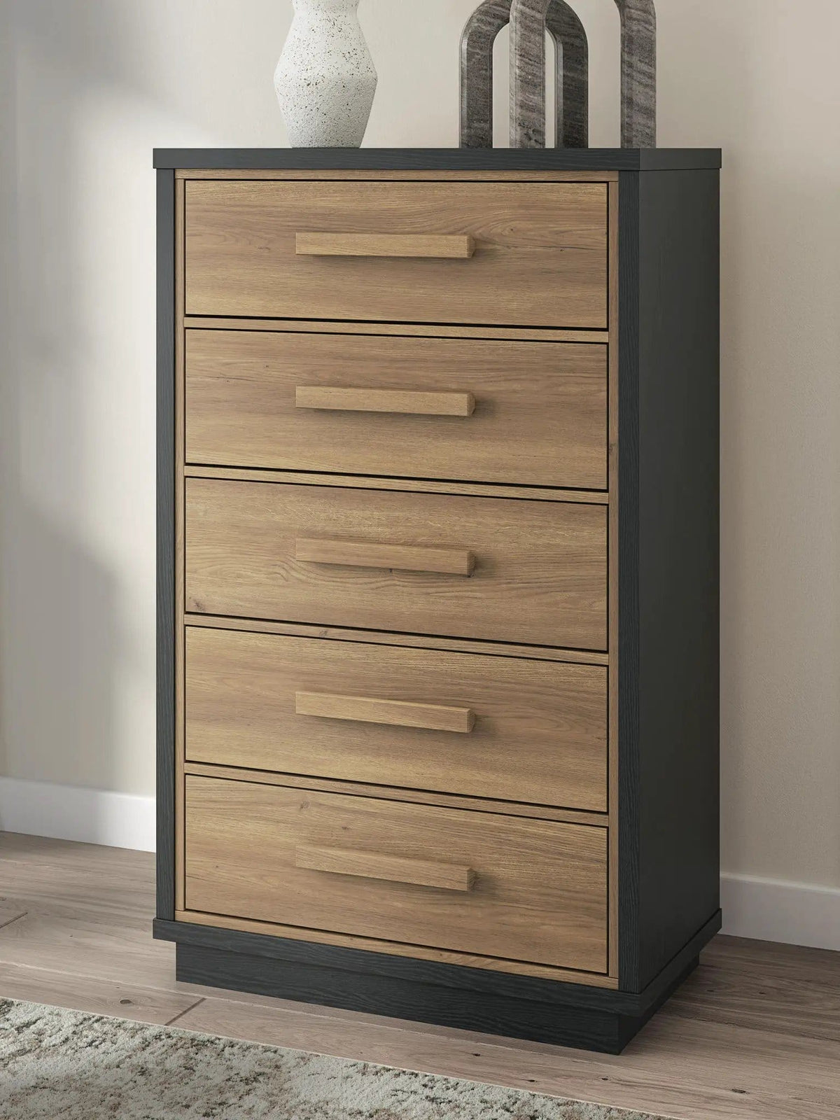 Kozmour Five Drawer Chest | 30.59 x 15.63 x 51.42 in | Engineered Wood & Mdf | Black / Brown