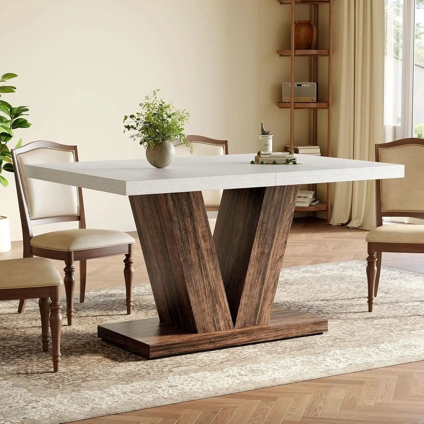 47 Inch White Rectangular Dining Table With Rustic Pedestal from PriceLows™