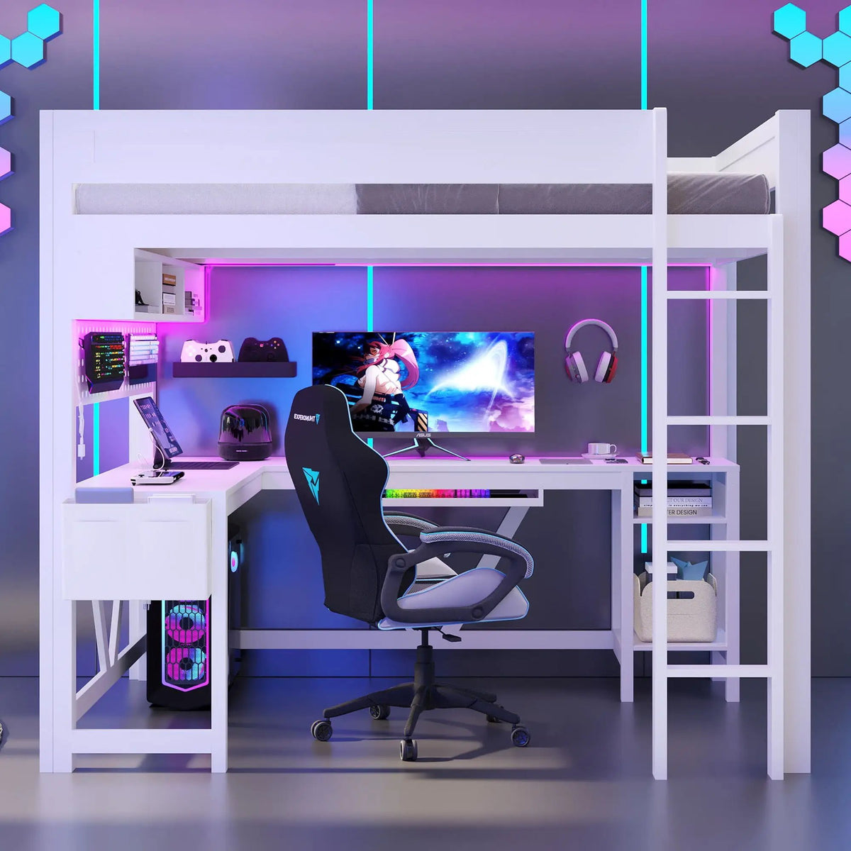 Gaming Loft Bed With Desk | Open Shelf And Fabric Storage Bag | Adjustable LED | Charging Station