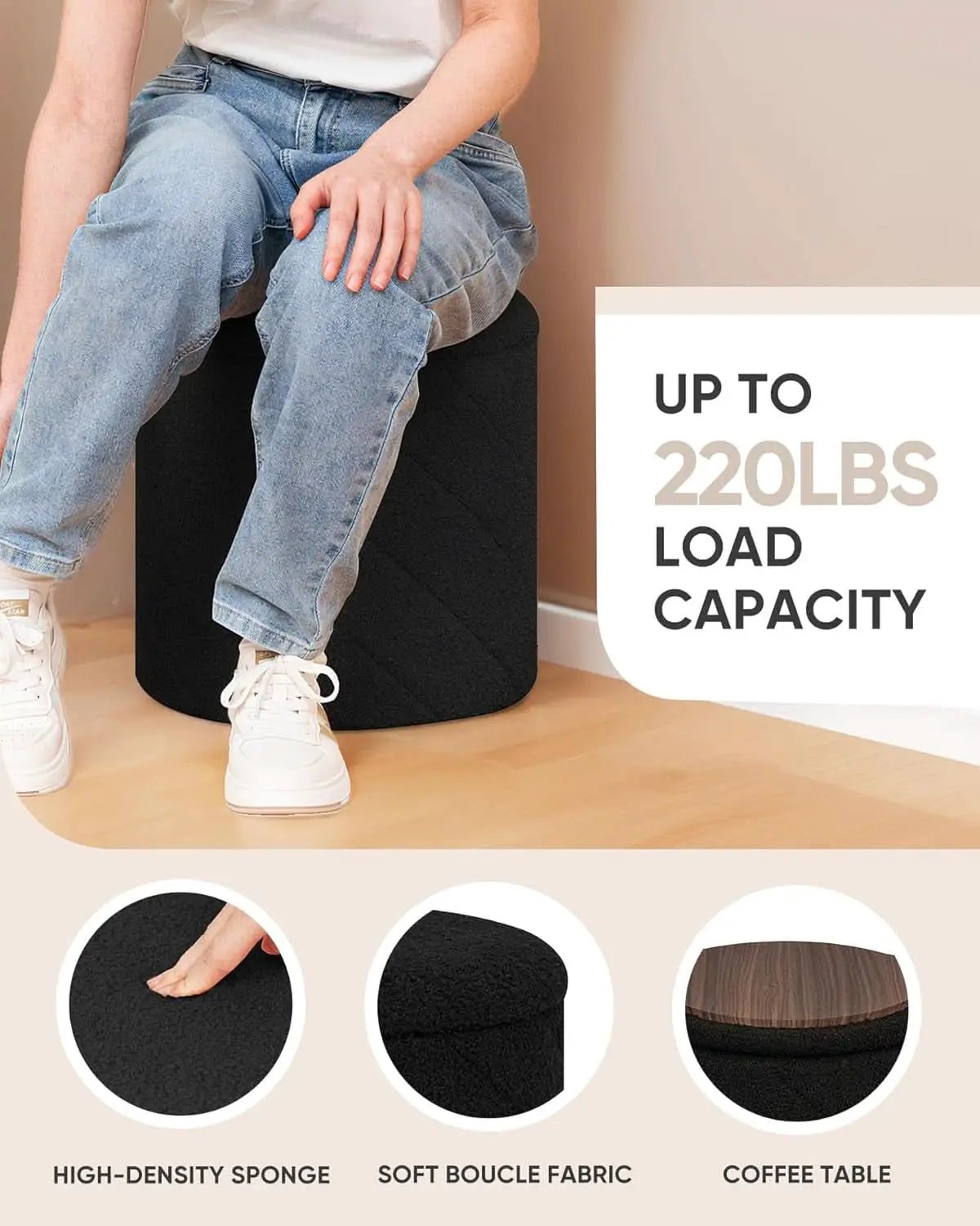 Luxurious Black Boucle Storage Ottoman 12 In Diameter Tray from PriceLows™