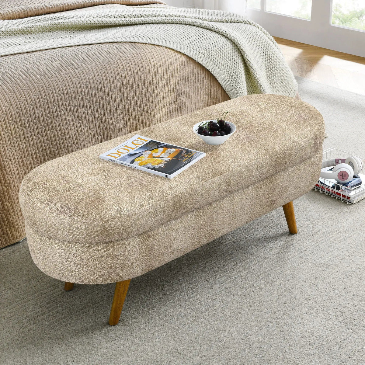 Oval Storage Ottoman Bench | Rubber Wood Legs | Pleated Dark Fabric | Footstool Or Extra Seating