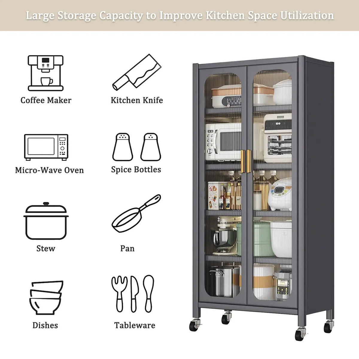 6 Tier Storage Cabinet | Transparent Magnetic Door | Adjustable Shelves | 360 Degree Wheels