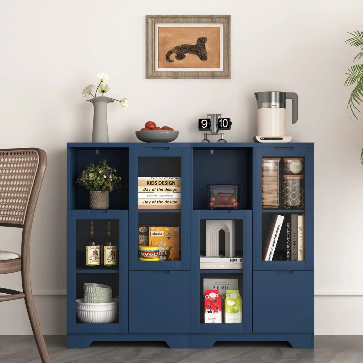 Modern Storage Cabinet | Adjustable Shelves | Double Glass Doors | Gray
