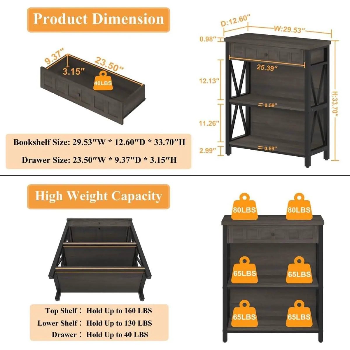 Rustic Bookshelf With Drawer Walnut Brown Industrial Wood And Metal from PriceLows™