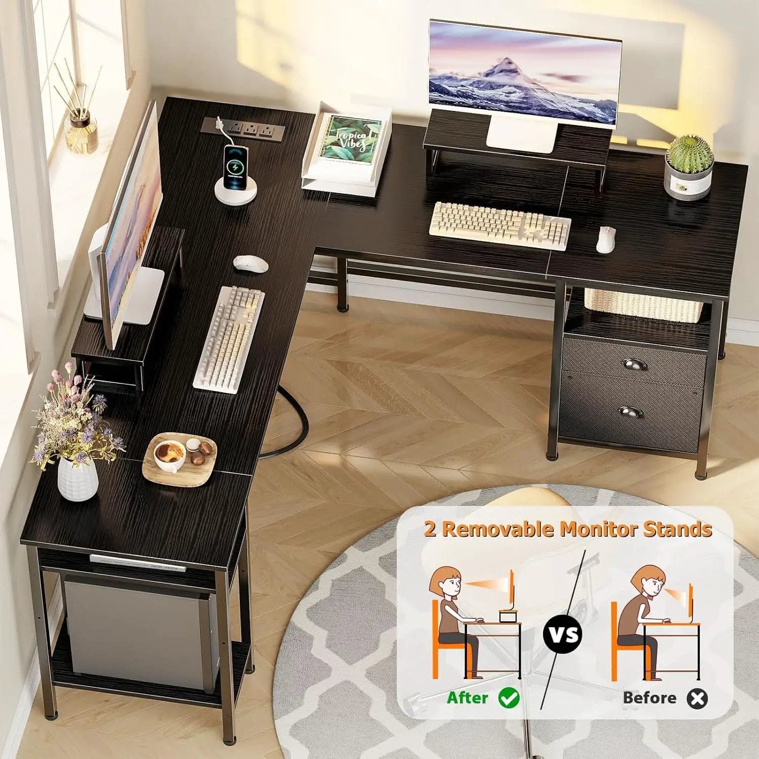 Fifty Nine Inch L Shaped Desk With Black Storage Drawers Unit from PriceLows™