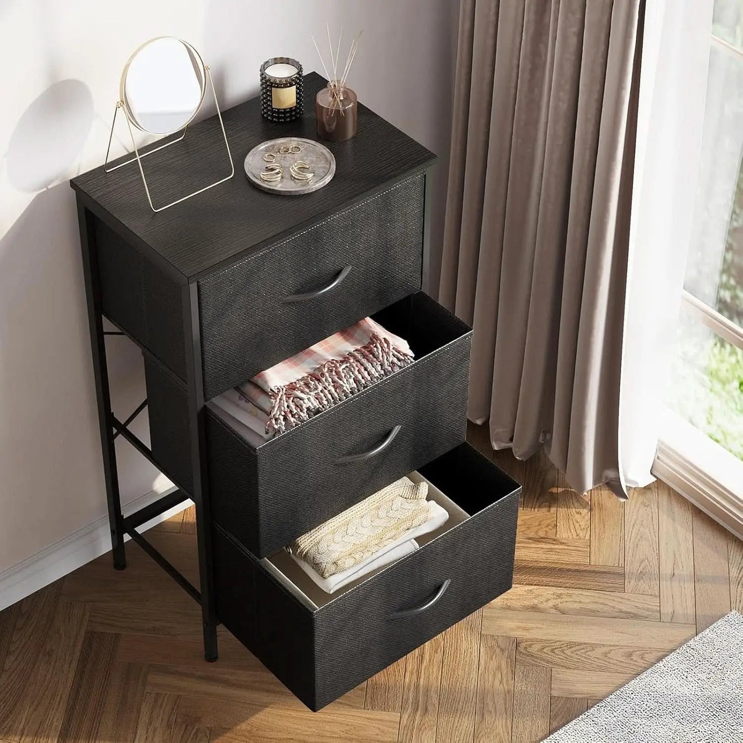 Black 3 Drawer Dresser Nightstand For Bedroom Compact from PriceLows™