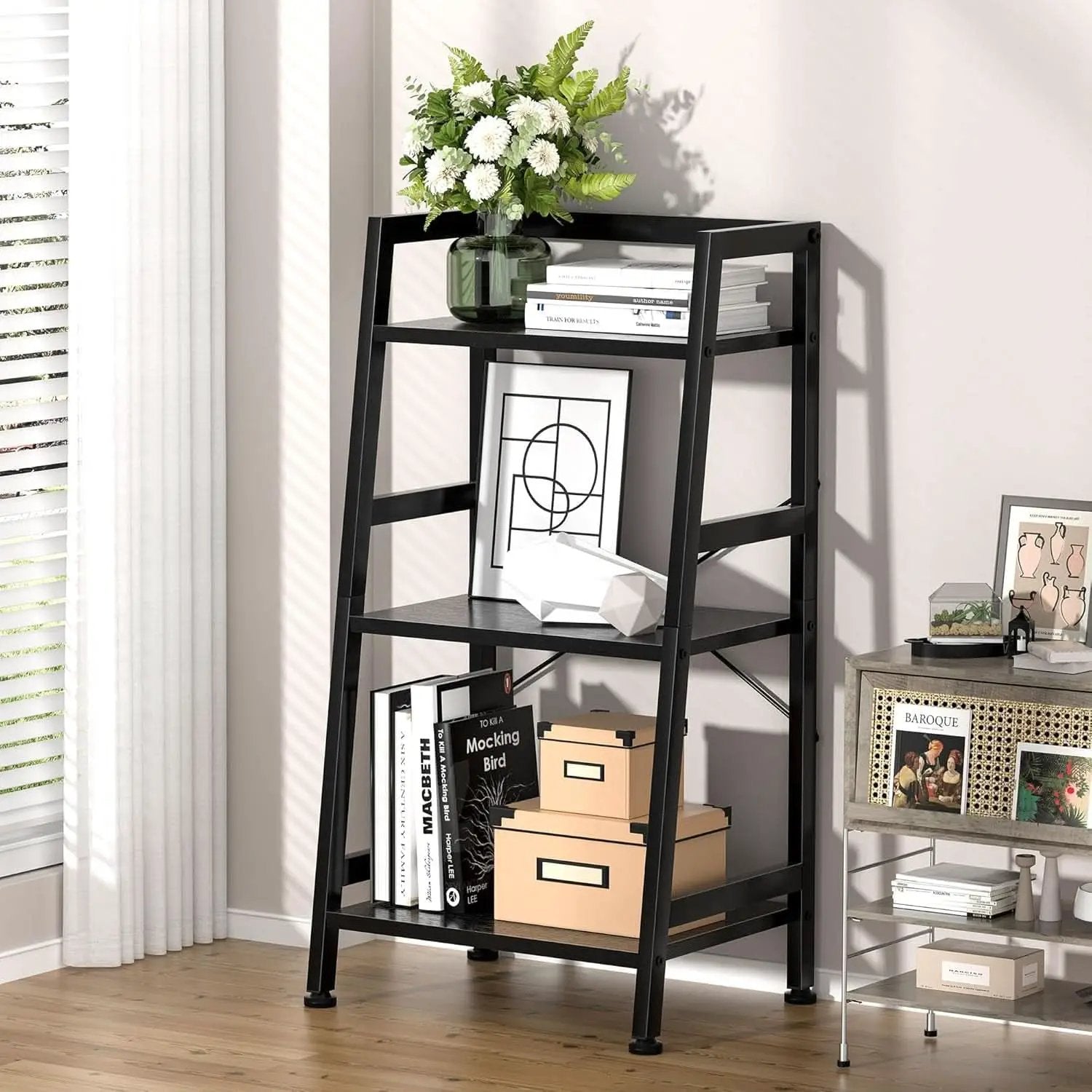 3 Tier Bookshelf Black Steel Frame For Living Room from PriceLows™