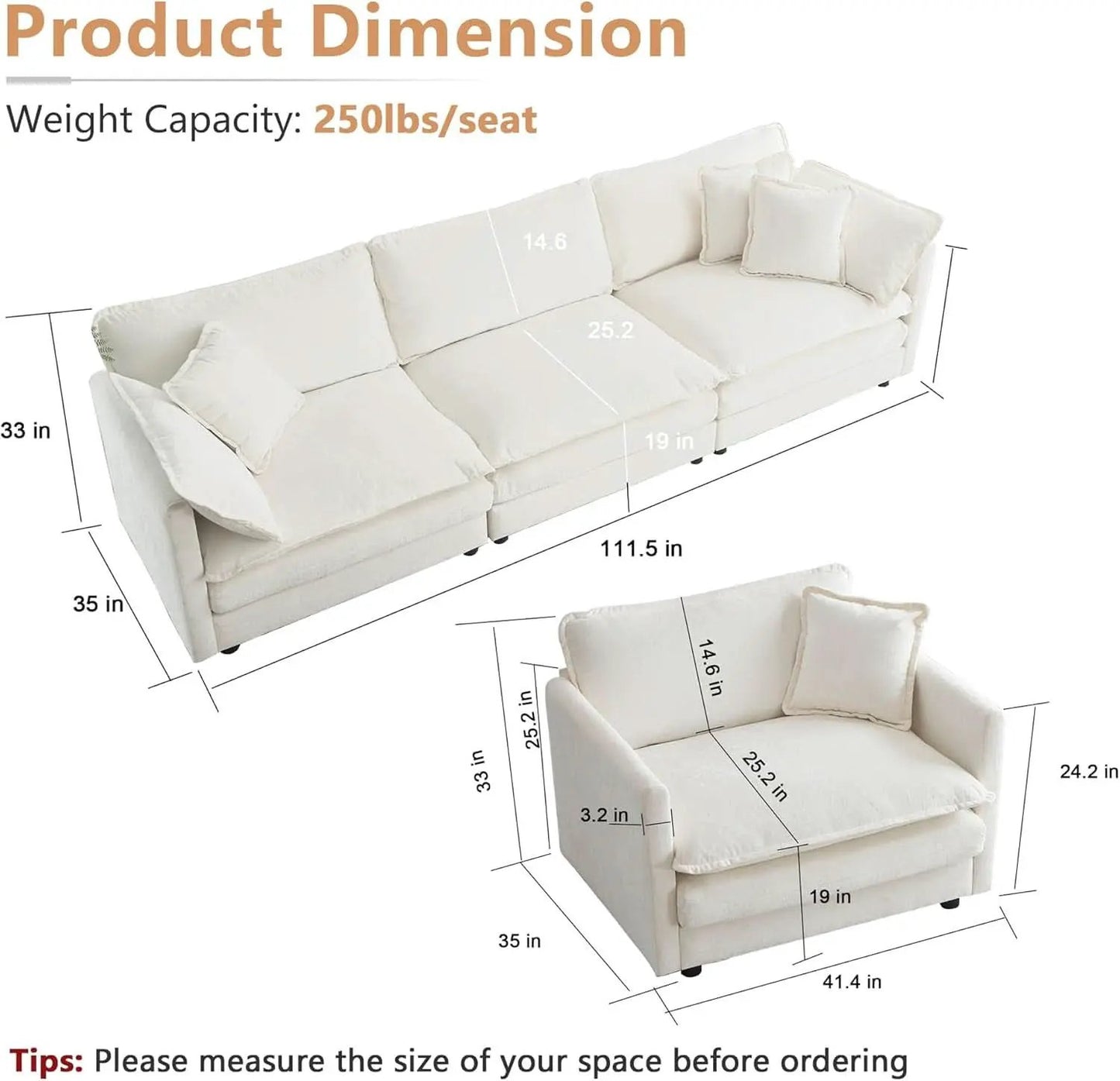 3 Piece Sofa Set Beige Chenille With 7 Pillows Living Room from PriceLows™