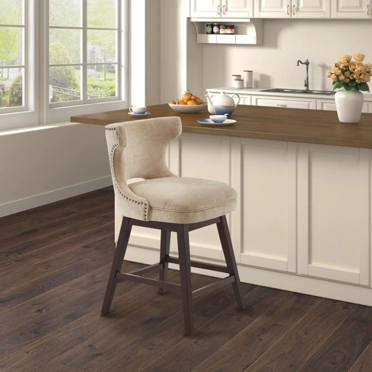 360 Degree Swivel Counter Stool With Silver Detailing Counter Height (24"-27") | 22 x 21 x 37 in | Solid Wood & Fabric | Home