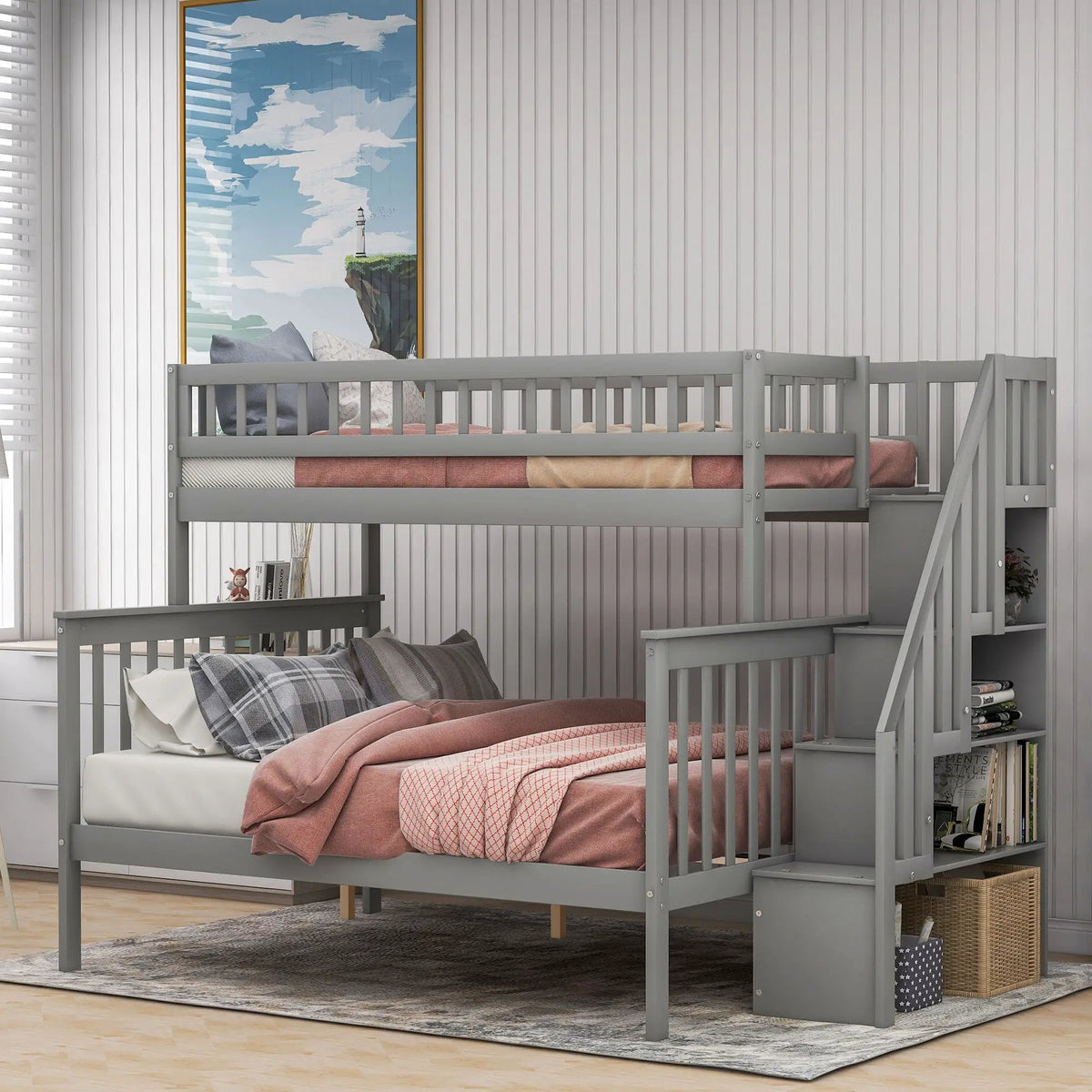 Twin Over Full Bunk Bed | Built In Staircase | Steel Frame