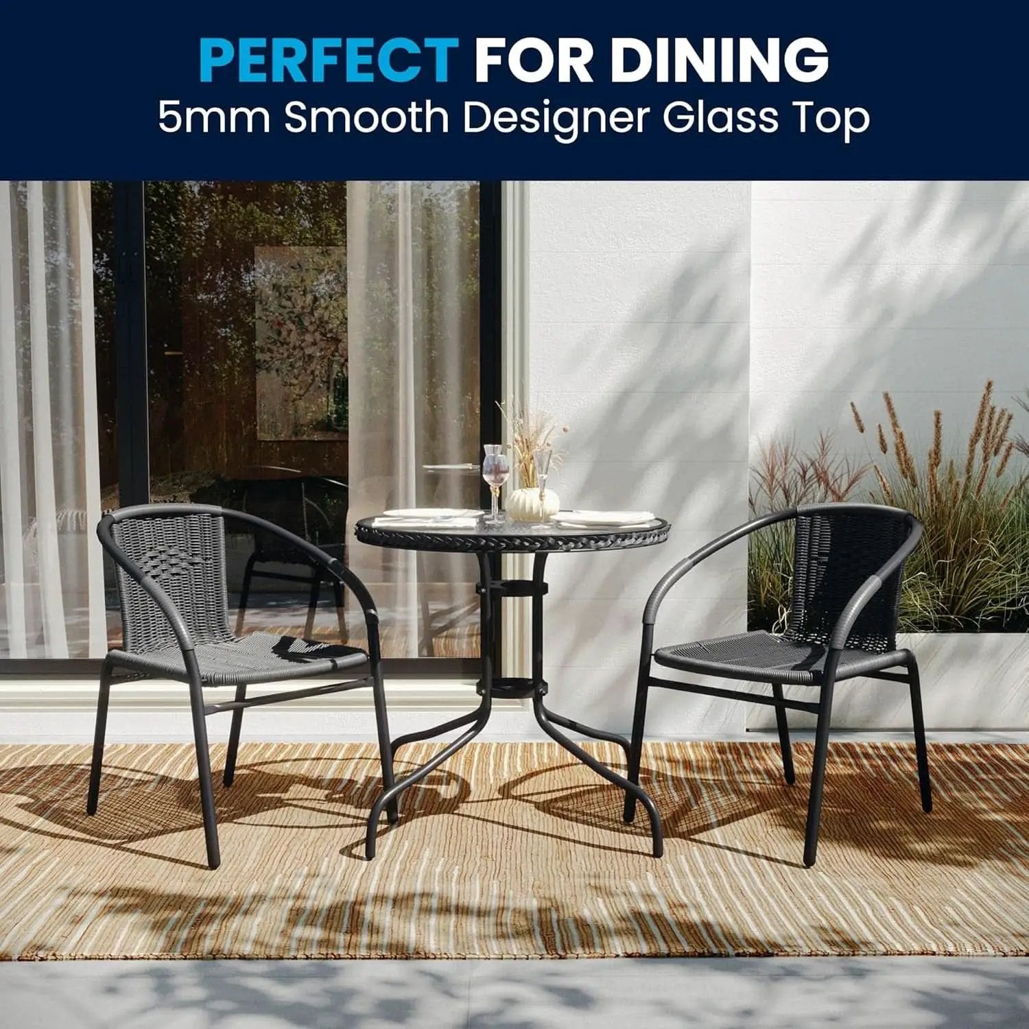 3-Piece Patio Dining Set With Round Glass Table And Stackable Rattan Chairs Gray from PriceLows™