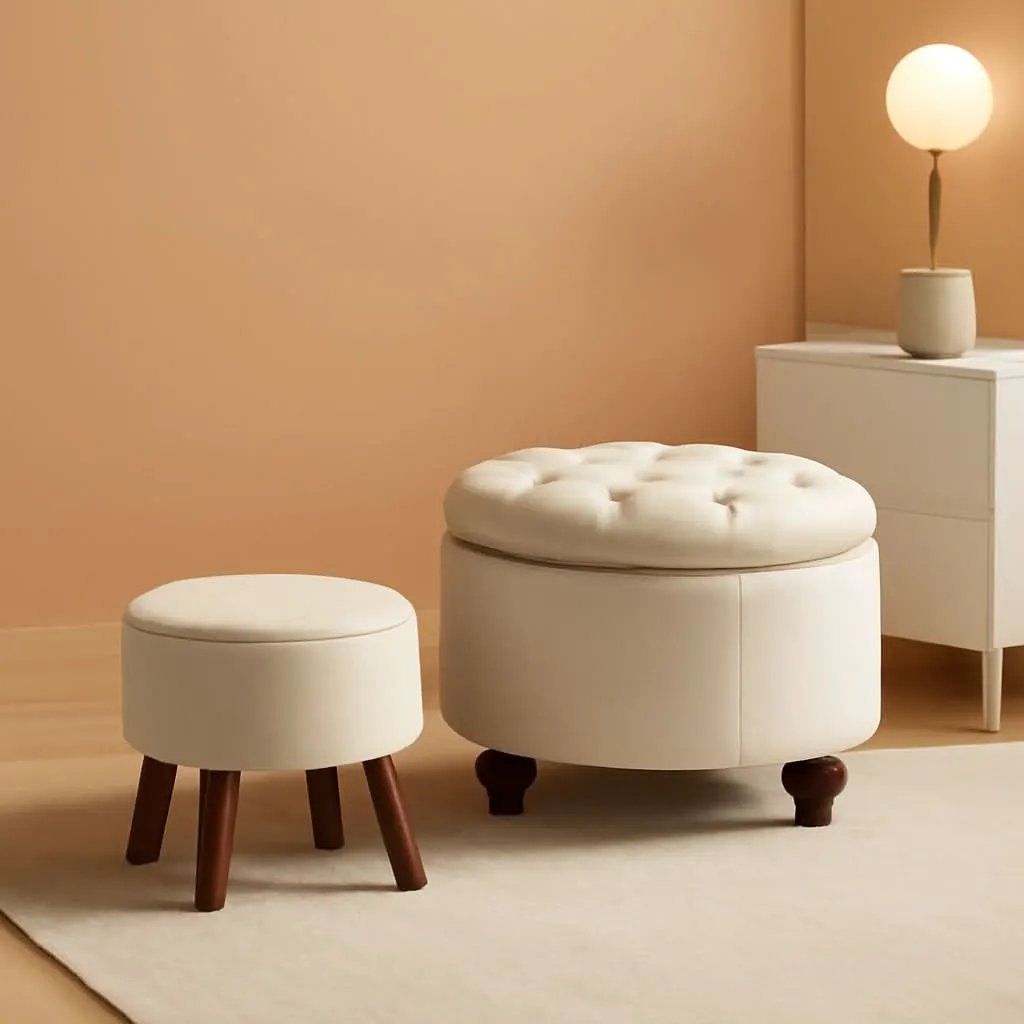 24 Inch Round Khaki Storage Ottoman Removable Top Cover from PriceLows™