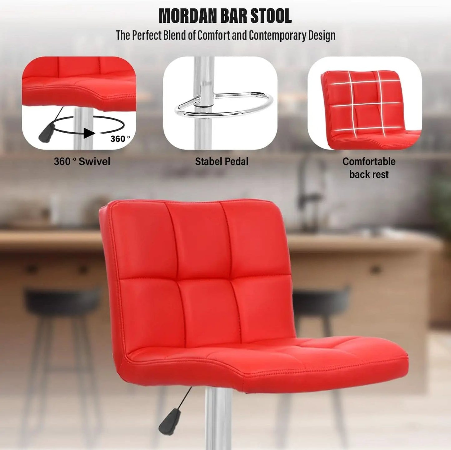 Red Adjustable Swivel Bar Stools Set Of 2 PU Leather from PriceLows™