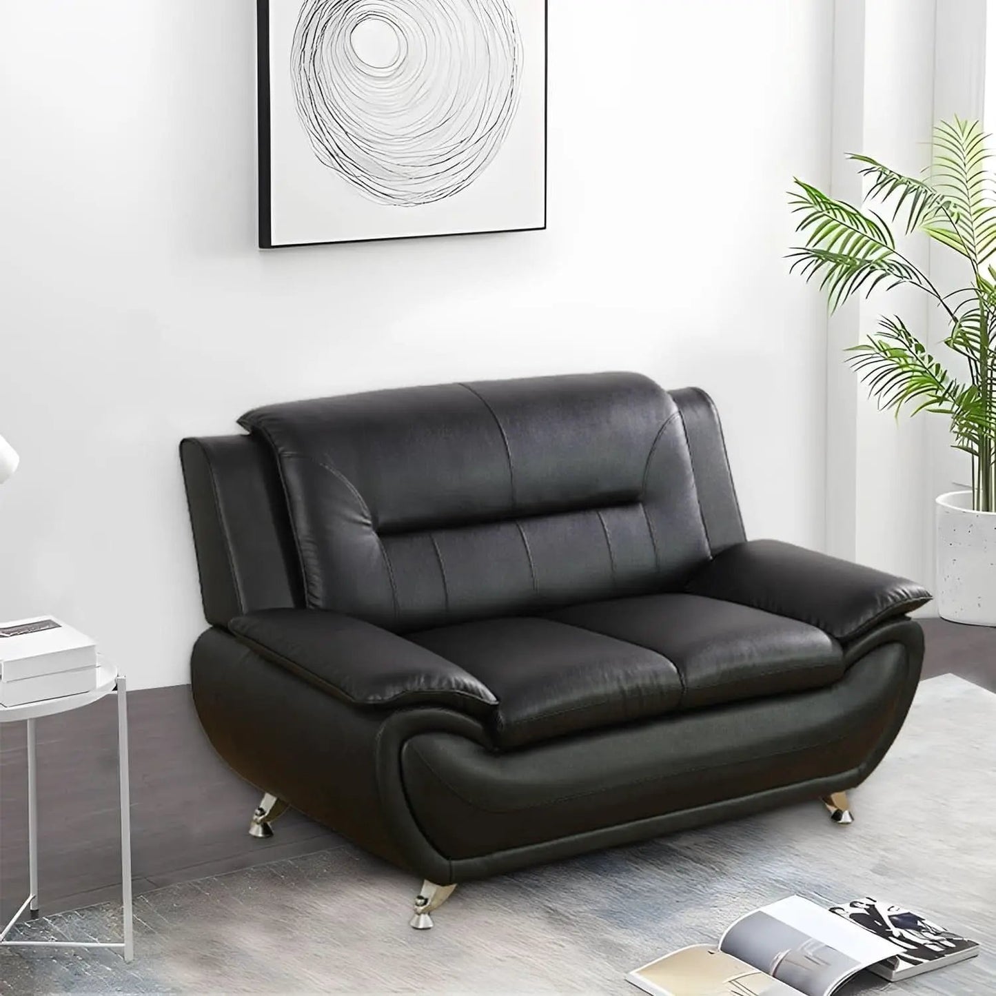 Black Faux Leather Sofa Loveseat 2 Piece Living Room Set from PriceLows™