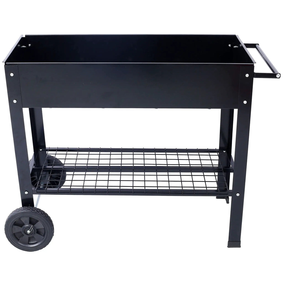Raised Metal Planter | Wheeled Base | Storage Shelf | Black