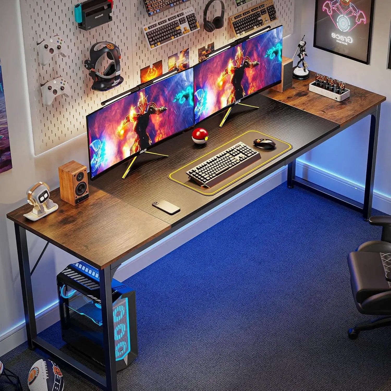 80 Inch Rustic Brown And Black Gaming Desk With Storage from PriceLows™