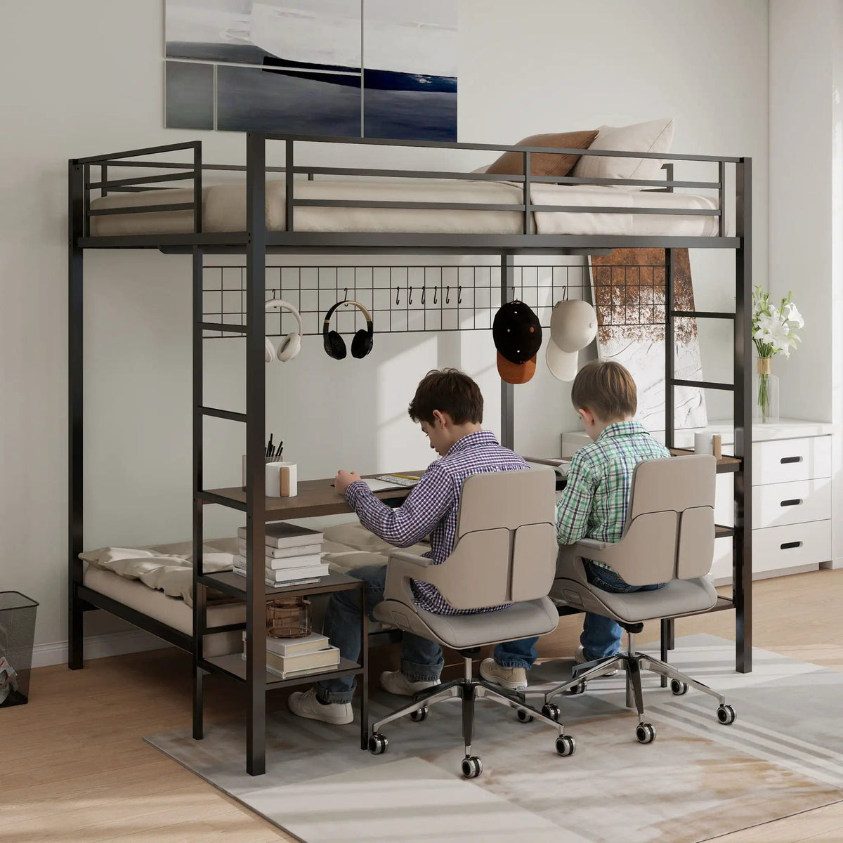Ethan Bunk Bed With Desk, Charging Station, Storage Shelves | 2 Pieces | Metal | Bedroom