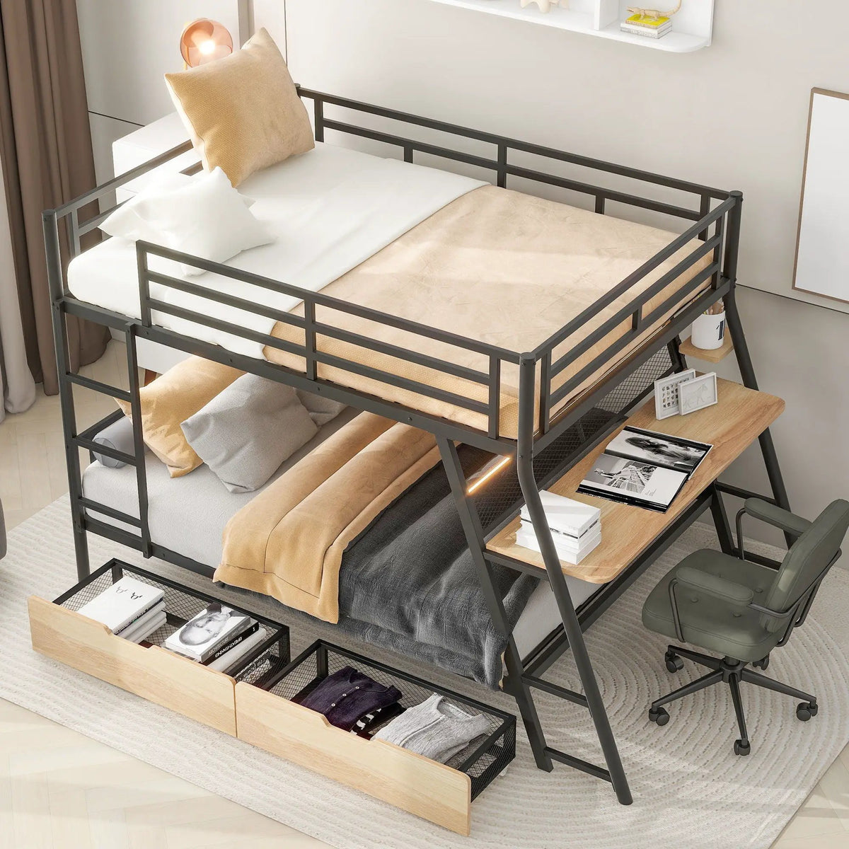 Full Size Bunk Bed | Built In Desk | Integrated Light | Black