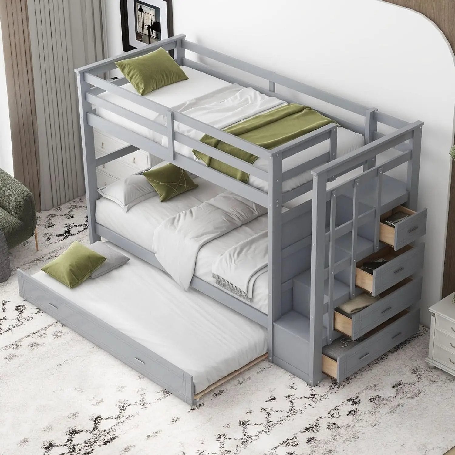 Natural Gray Twin Bunk Bed With Trundle And Stairs from PriceLows™