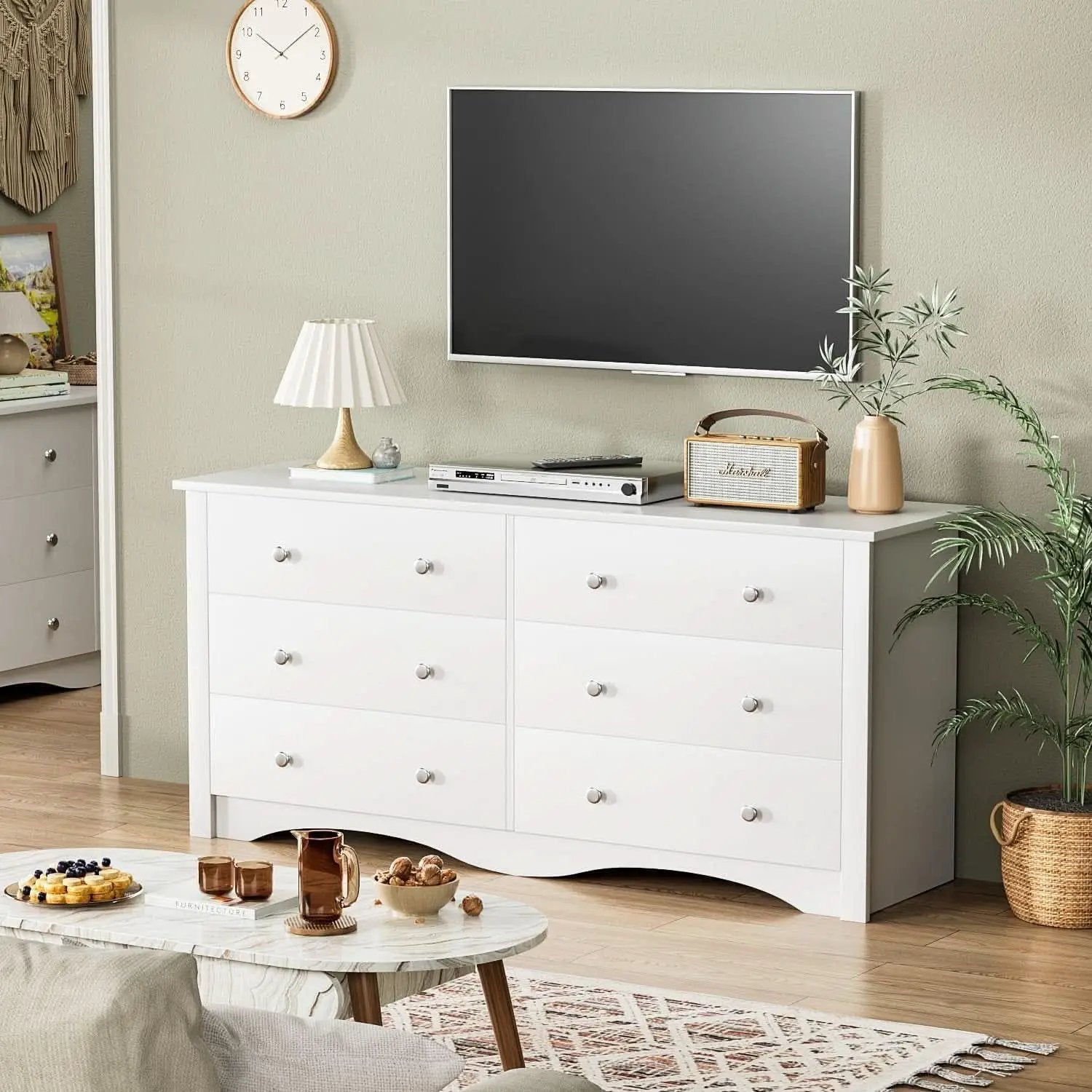Dresser With 6 Drawers And TV Stand White Wood Storage from PriceLows™