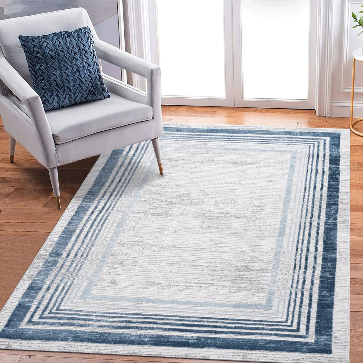 Marfi 6' X 9' Bordered Area Rug | 108 x 79 x 0.35 in | Polyester & Cotton | Blue / Ivory