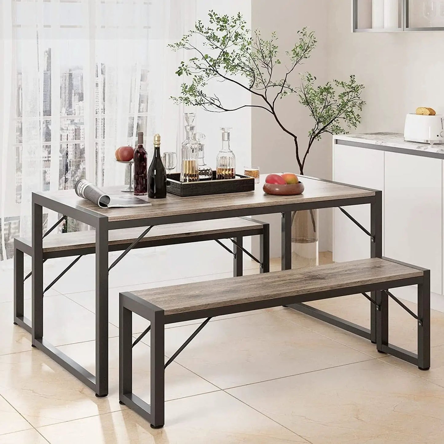 Dining Table Set For 4 With 2 Benches Gray Finish Modern from PriceLows™