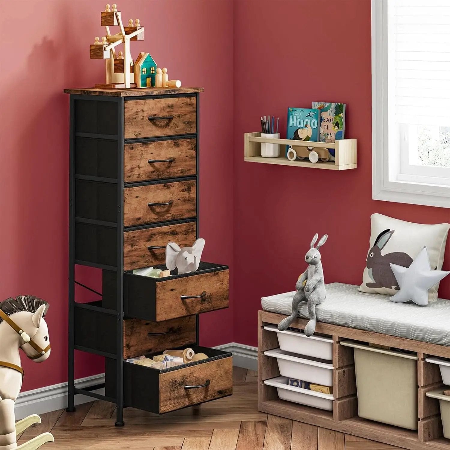Tall Dresser With Seven Fabric Drawers In Woodgrain Finish from PriceLows™