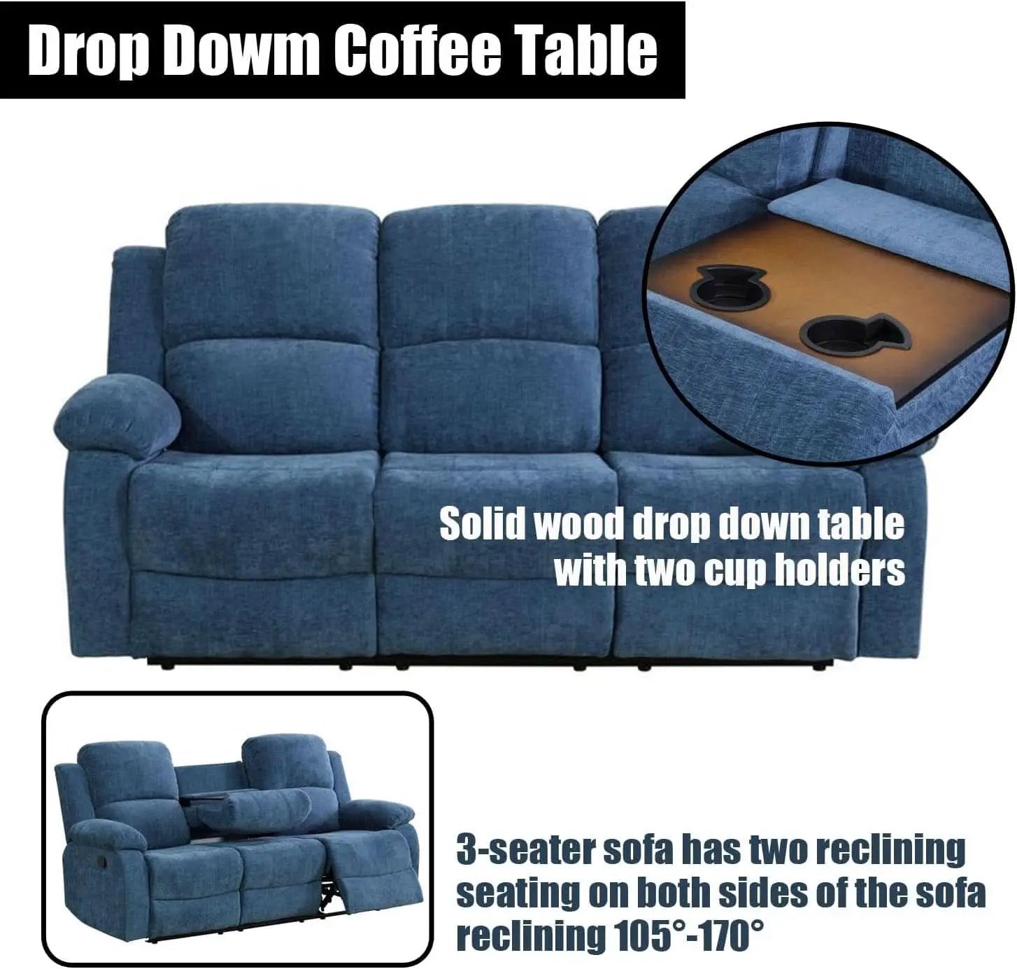Blue Linen Recliner Sofa Set With Drop Down Table Storage from PriceLows™