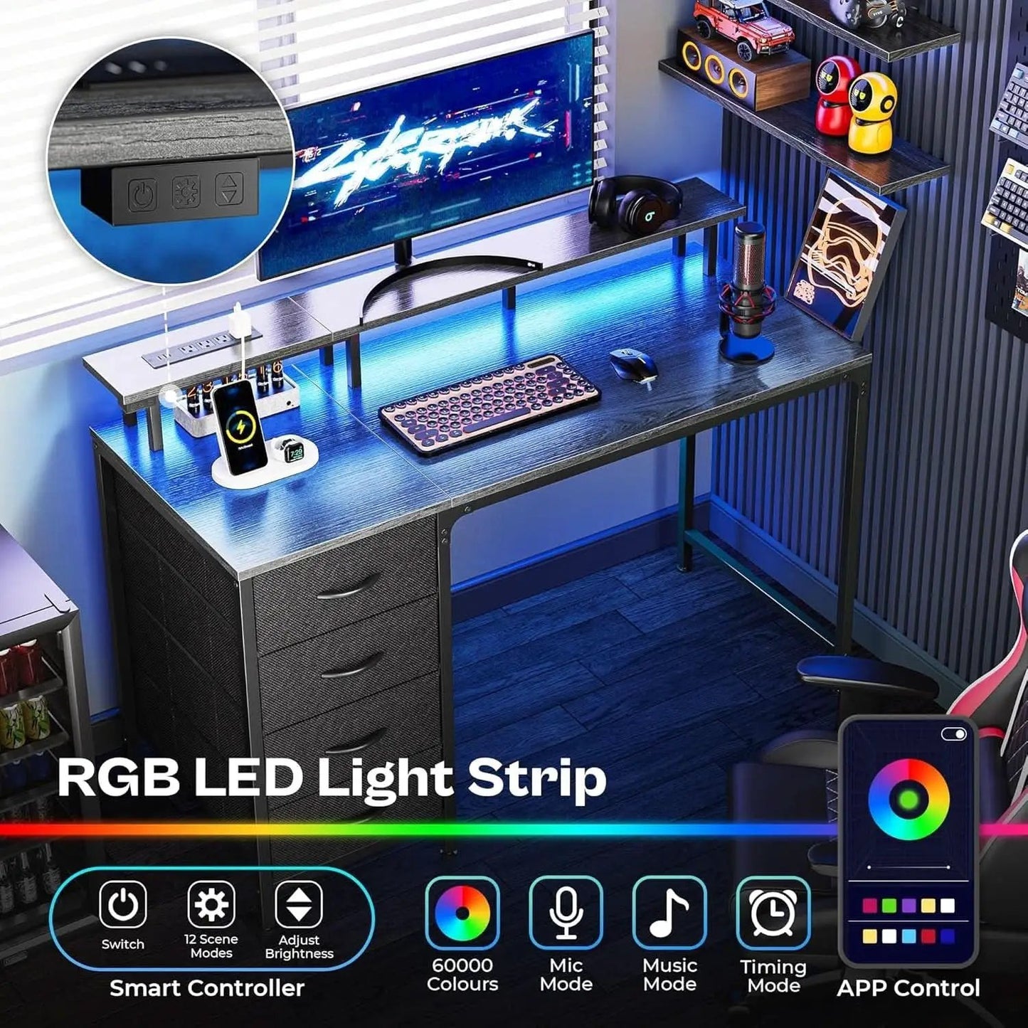 47 Inch Computer Desk With LED Lights For Home Office from PriceLows™