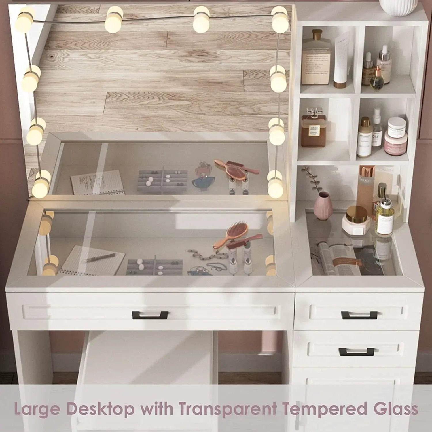 White Vanity Table Set With Glass Top Hollywood Mirror from PriceLows™