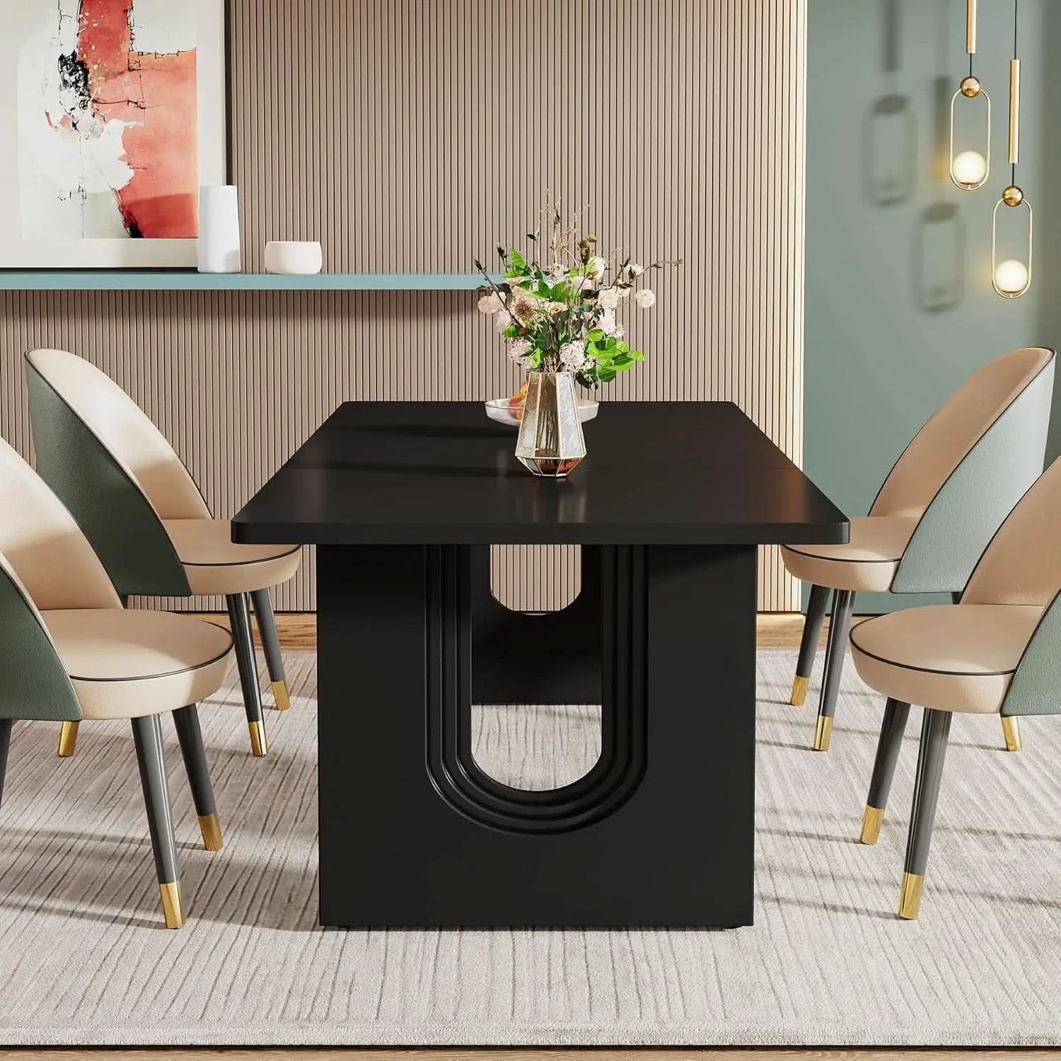 Black 71 Inch Dining Table For Six With Wood Pedestal from PriceLows™