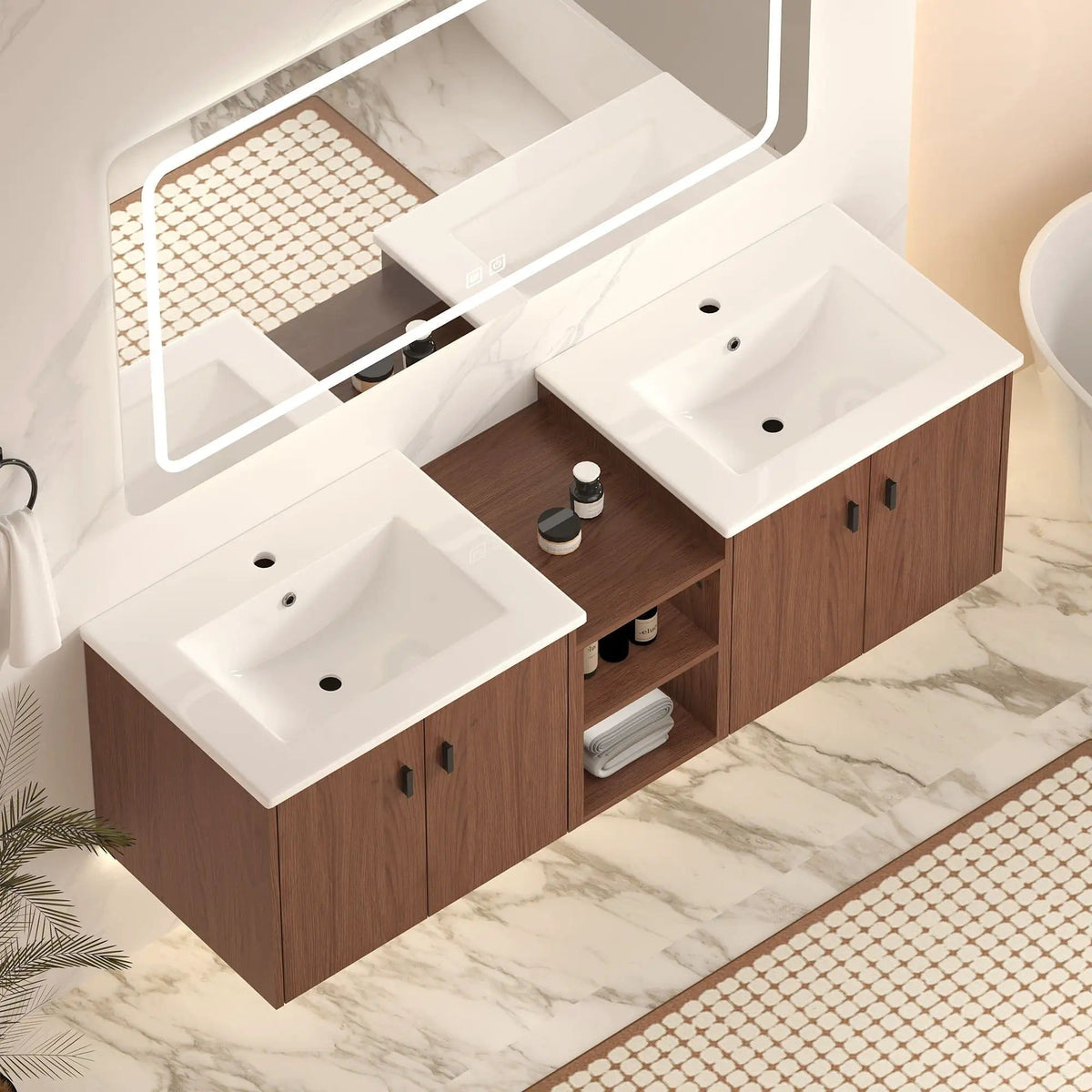 Soft Close Doors Bathroom Vanity With Small Storage Shelves, 24" And 12" Combination | 24 Inch | Mdf & Resin | Brown