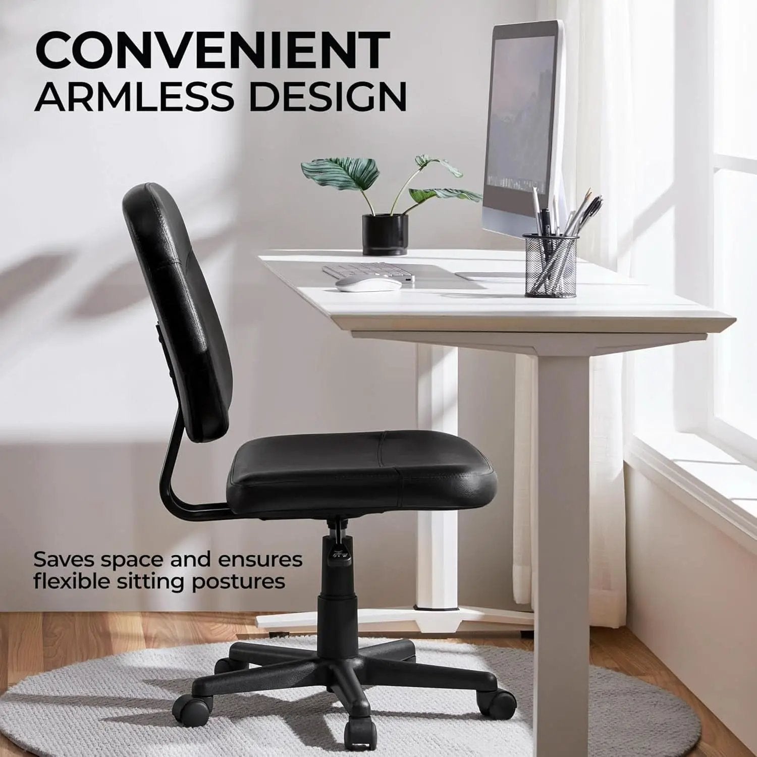 Armless Ergonomic Office Chair Black PU Leather Swivel from PriceLows™