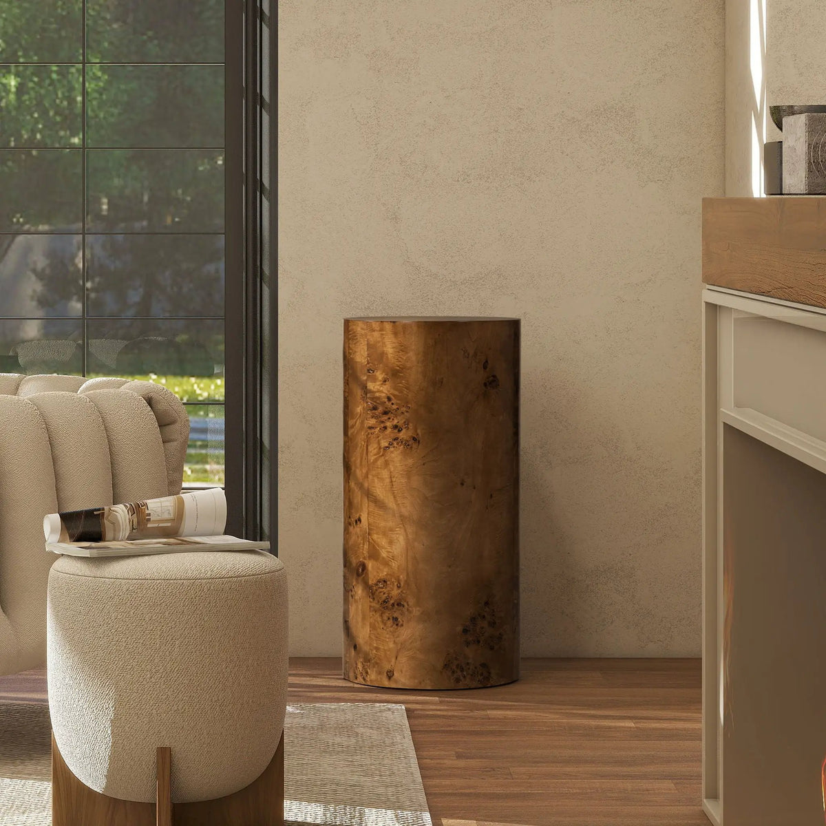Nebula Pillar Side Table | Burl Wood Veneer | 29.5 Inch Height | Side Table Or Plinth