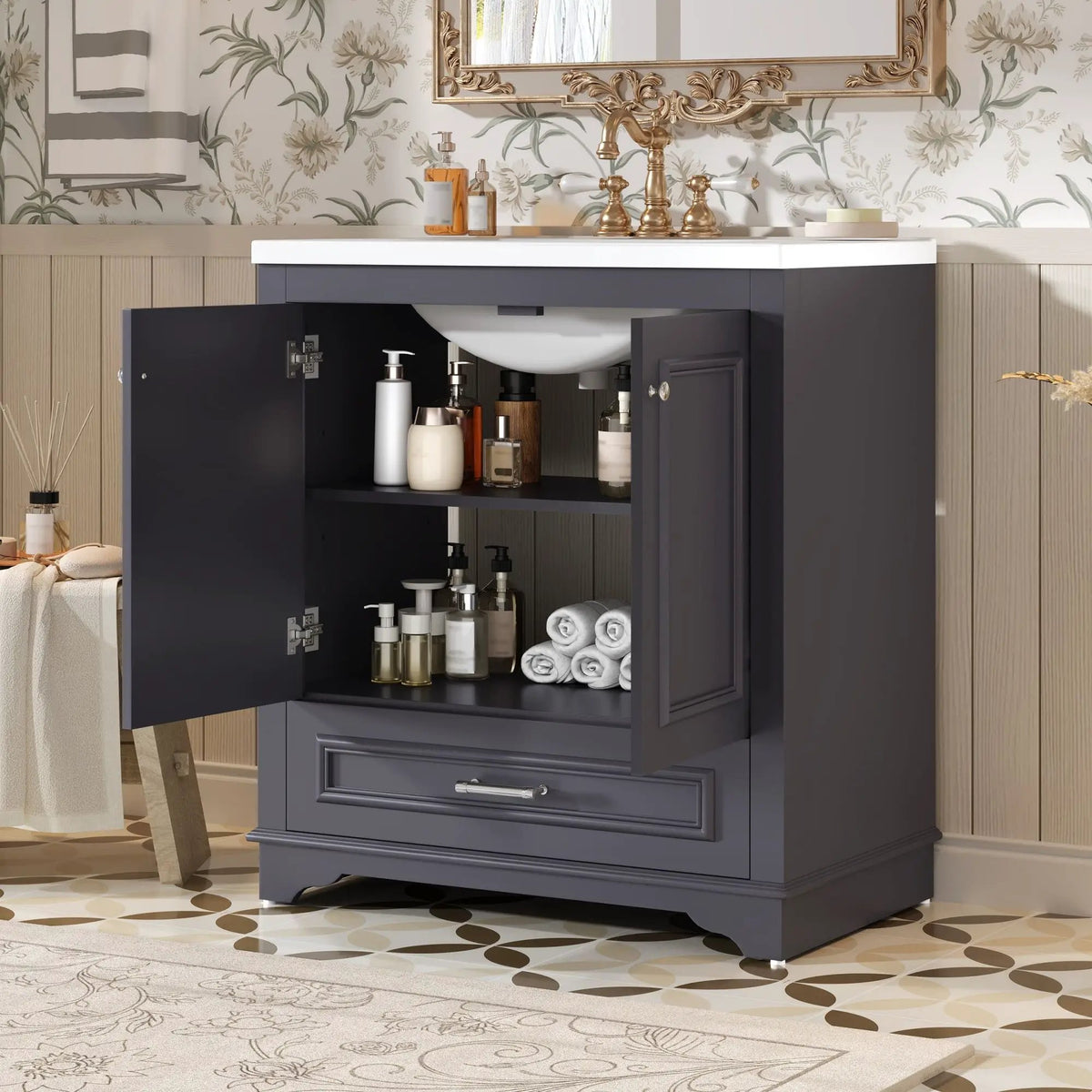 30 Inch Bathroom Vanity | Poplar Wood Frame | 2 Soft Closing Doors | Adjustable Shelf