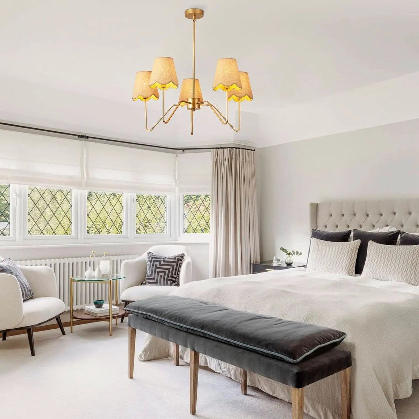28 Inch Rattan Chandelier Antique Brass Five Light Pendant With Flower Shade Lamps from PriceLows™
