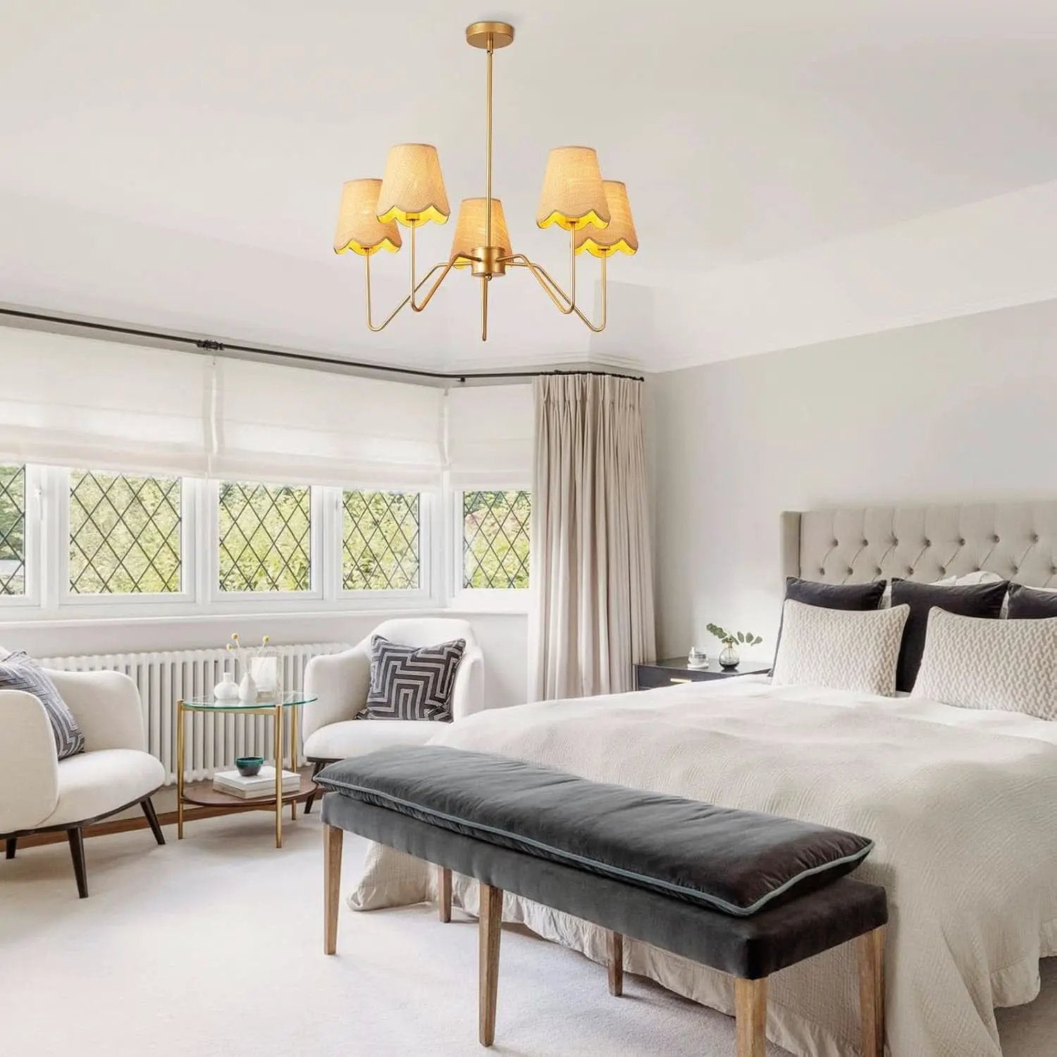 28 Inch Rattan Chandelier Antique Brass Five Light Pendant With Flower Shade Lamps from PriceLows™