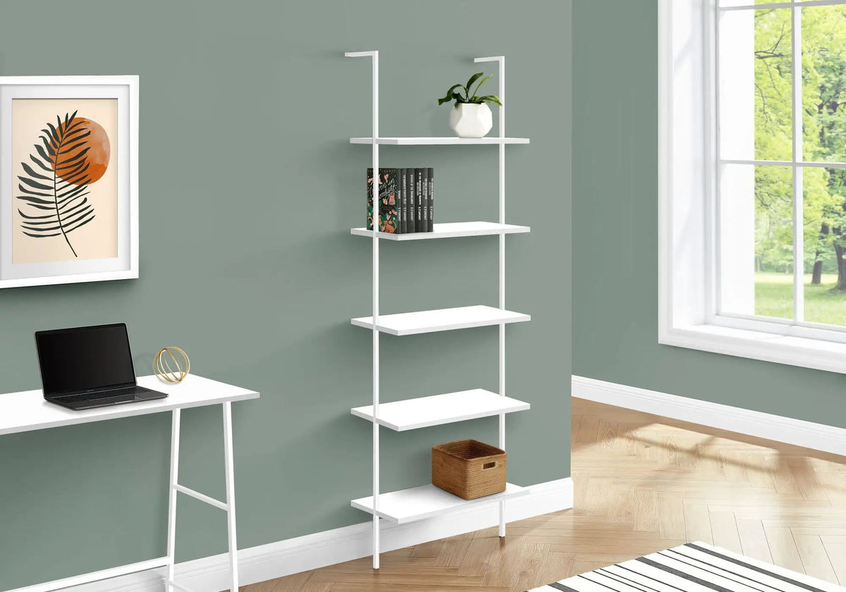 5 Tier Ladder Etagere Bookcase | 72 Inch Height | Satin Metal Frame | Open Shelves