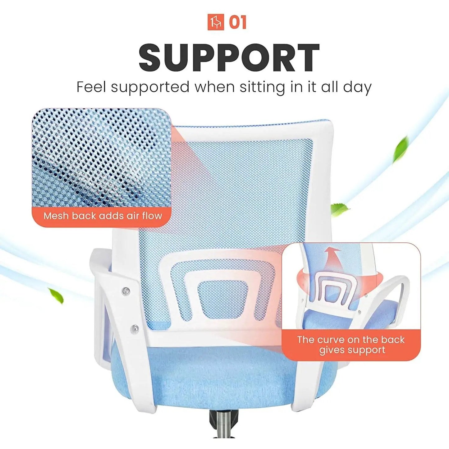 Ergonomic Blue Mesh Office Chair With Wheels Compact Size from PriceLows™