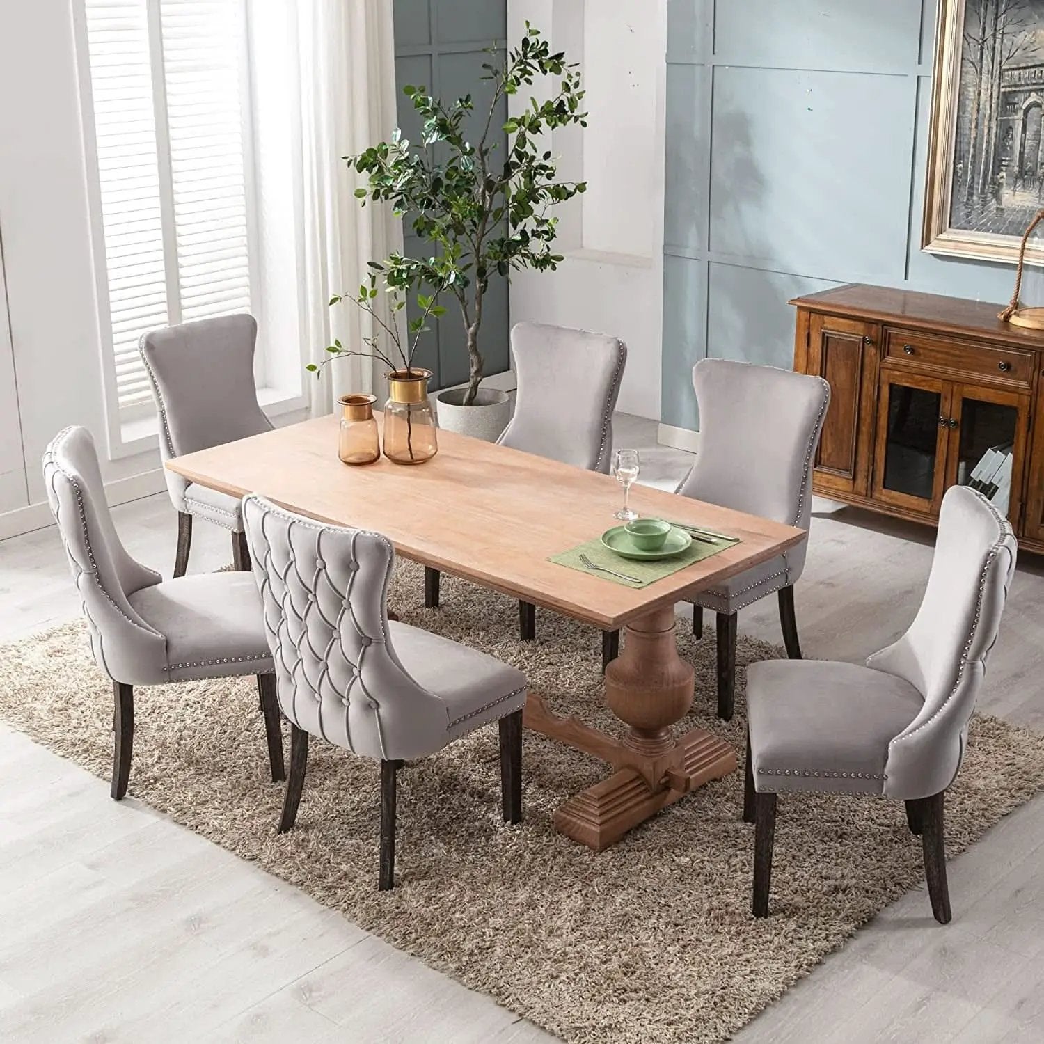 Set Of 2 Light Gray Velvet Tufted Wingback Dining Chairs Nailhead from PriceLows™