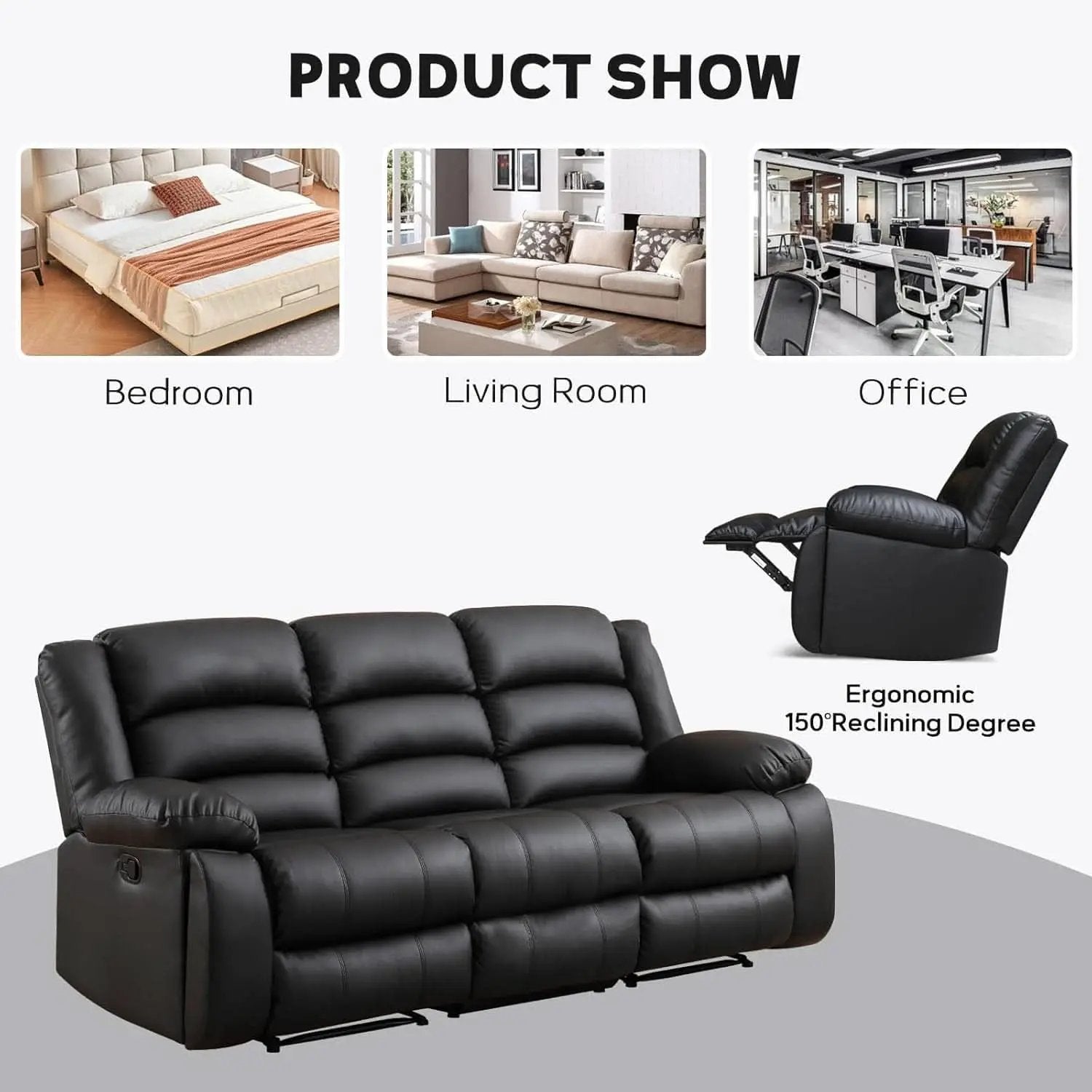 Black Faux Leather Manual Recliner Sofa Set With Loveseat from PriceLows™