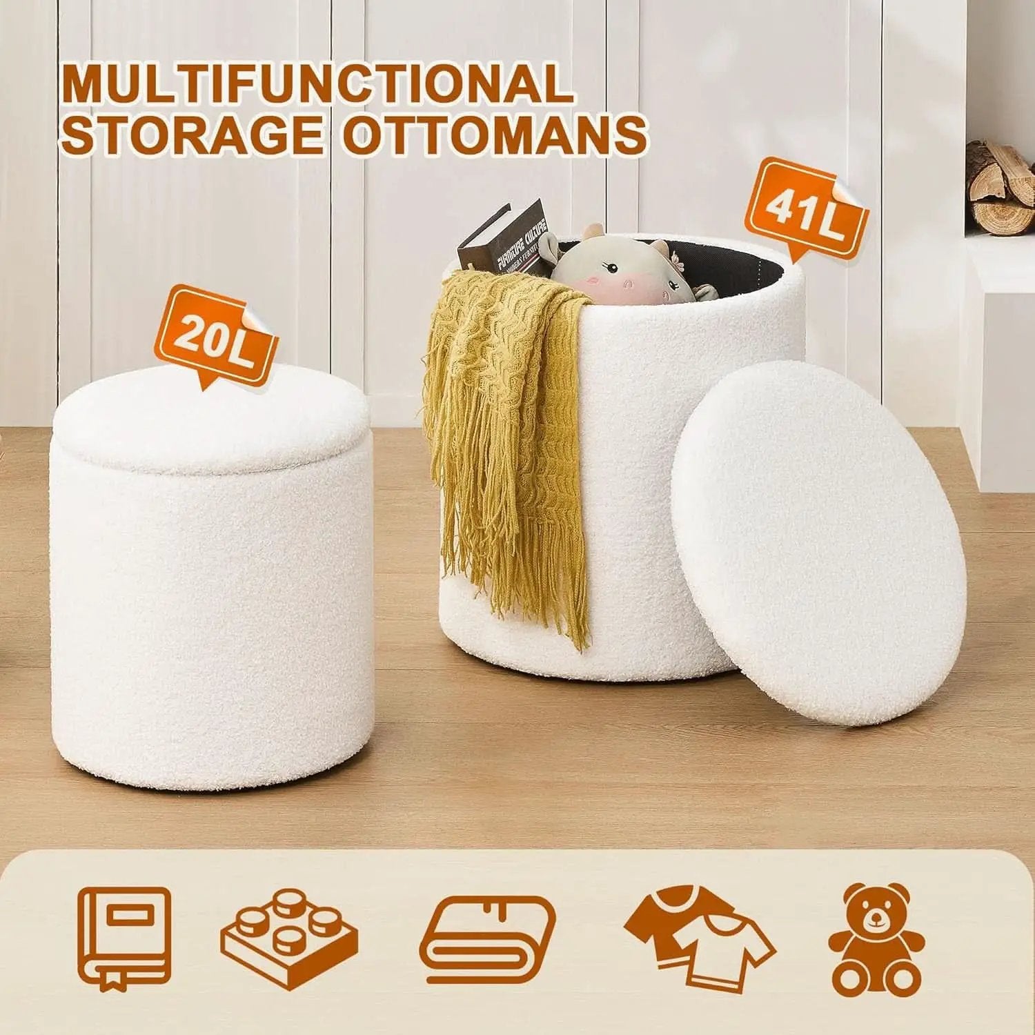 White Round Boucle Velvet Upholstered Storage Ottoman from PriceLows™