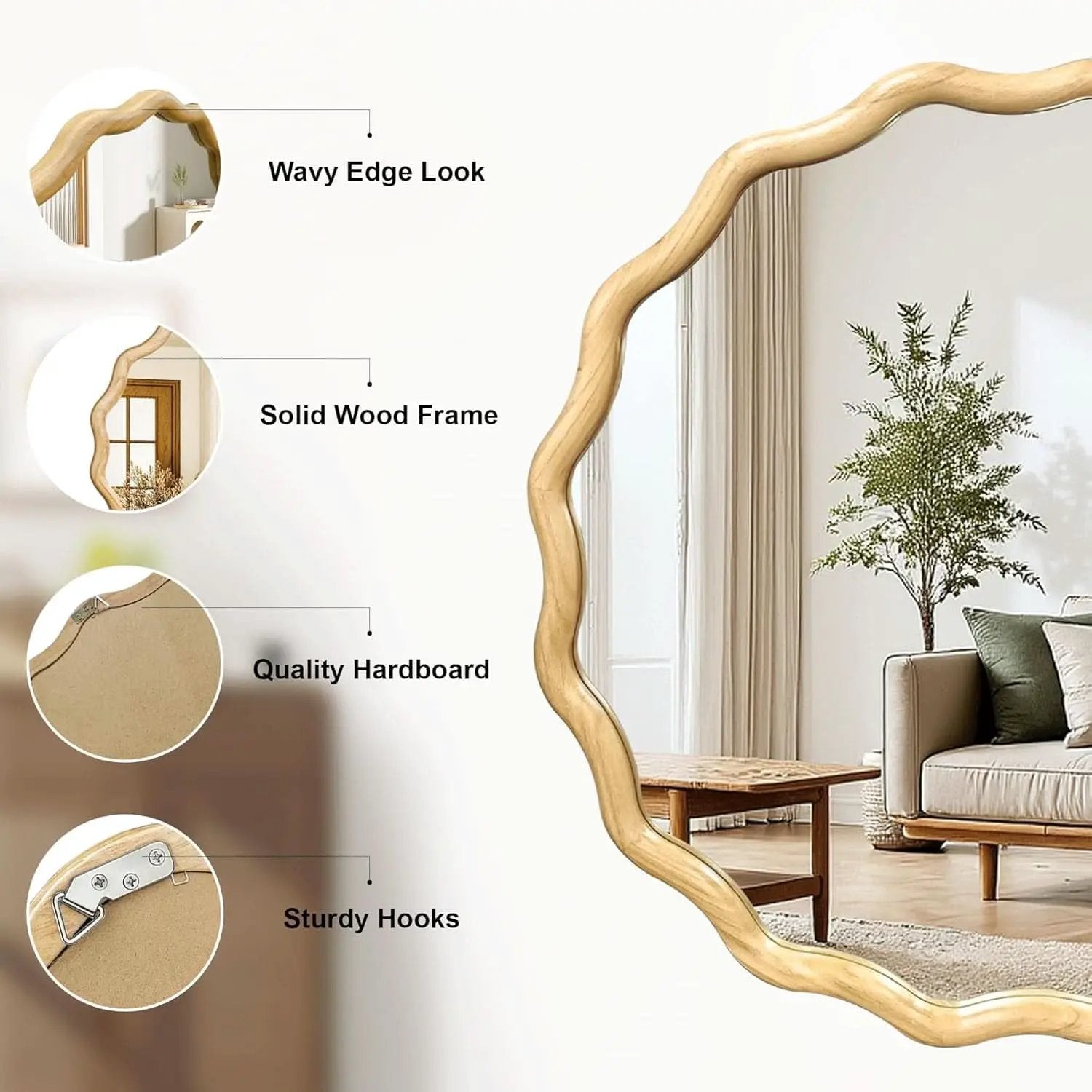 Round Wood Wall Mirror 24 Inch Shatterproof Glass Mounted from PriceLows™
