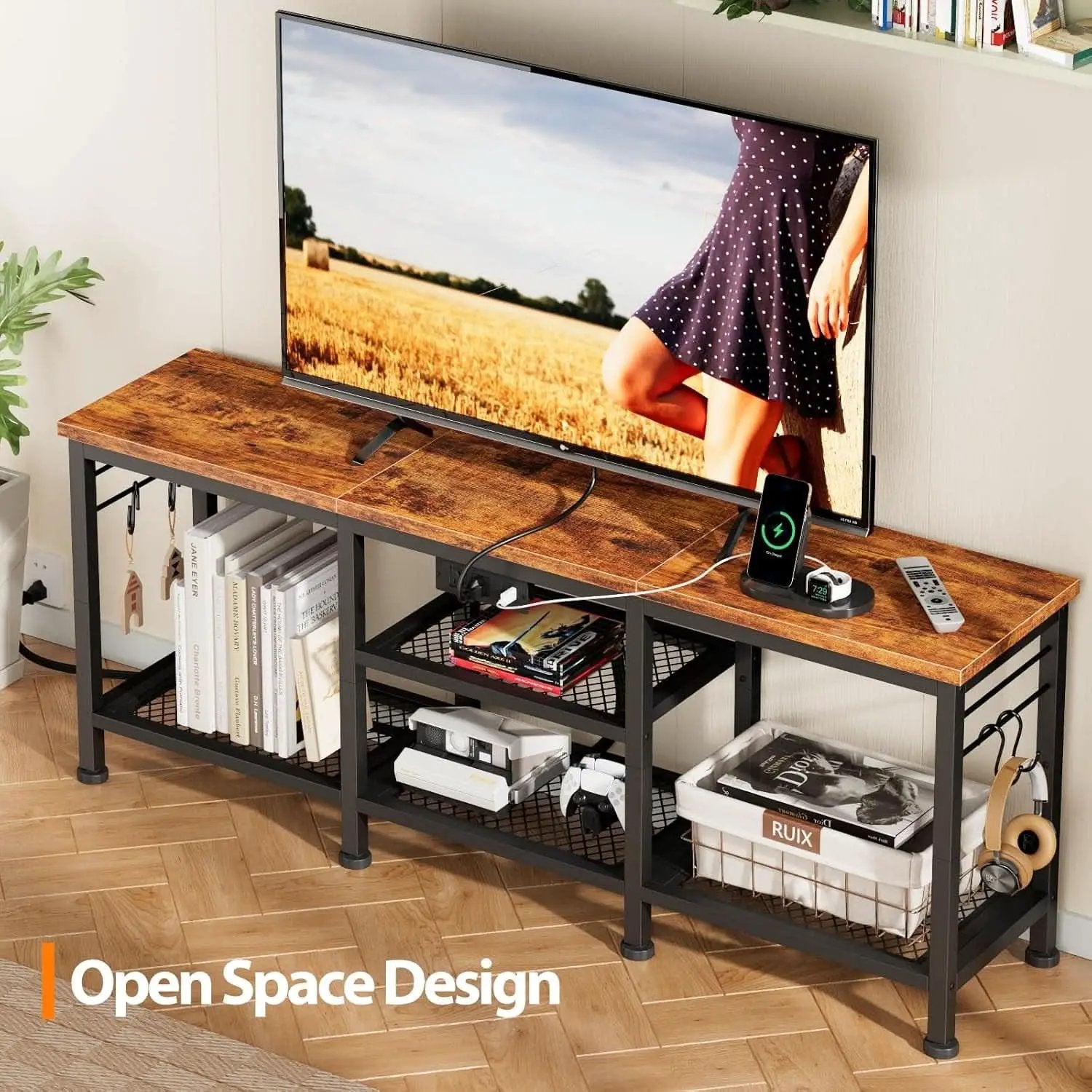 Rustic Brown TV Stand With Power Outlets For 55 Inch TVs from PriceLows™