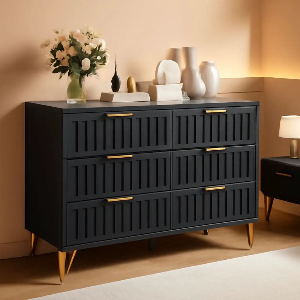 Fluted Stainlesssteel Dresser Six Drawer Black Mattefinish from PriceLows™