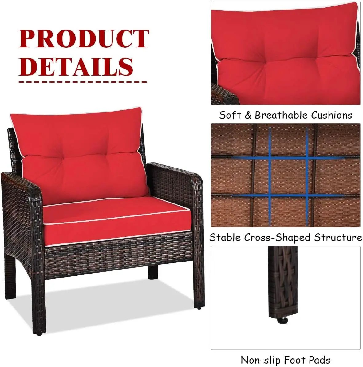 Red 3 Piece Outdoor Patio Furniture Set With Wicker Chairs And Glass Top Coffee Table from PriceLows™